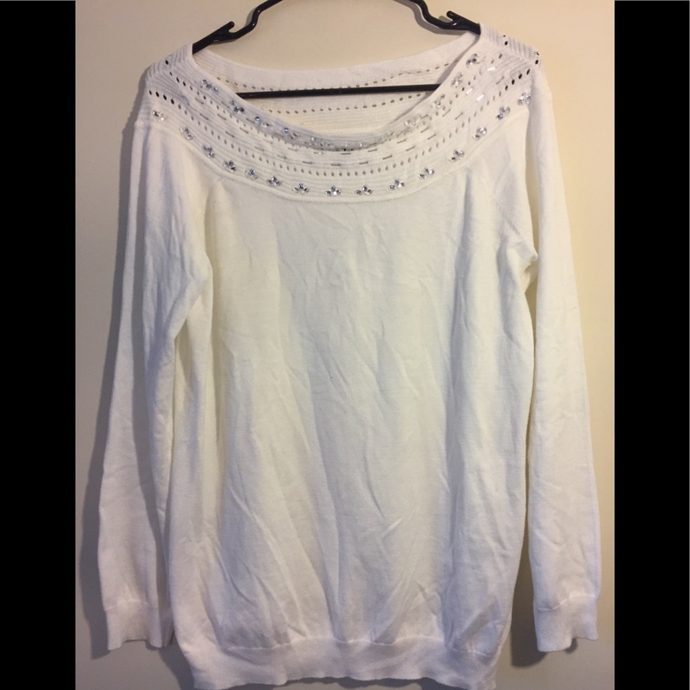 Roz And Ali White Rhinestone Crochet Sweater - Picture 3 of 8